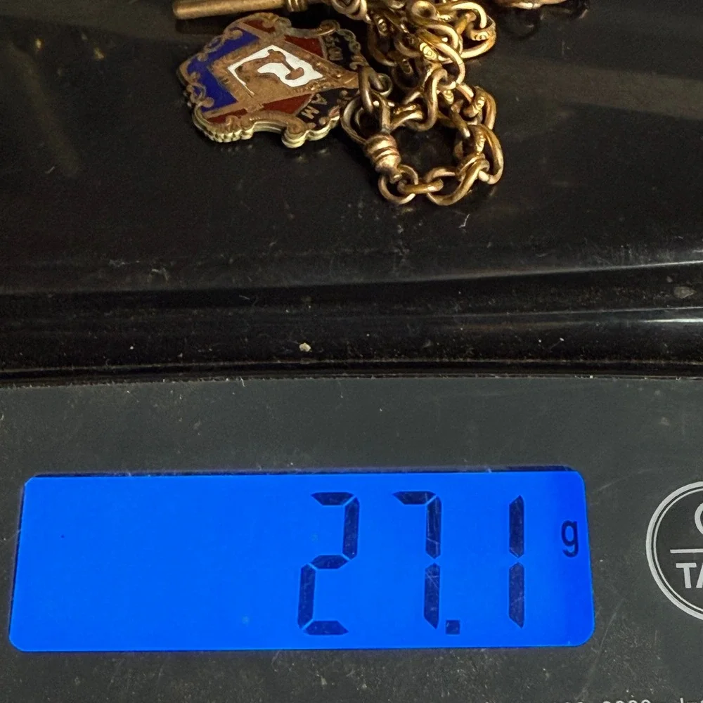 Vintage Jr OUAM Pocket Watch Chain Gold Tone Enamel Fob T-Bar Mechanics 14in